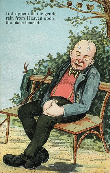 Birds shitting on the head of a bald man snoozing on a bench (colour litho)