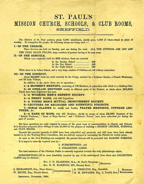 St. Pauls Mission Church, Schools and Club Room, Sheffield, Yorkshire, handbill, 1864