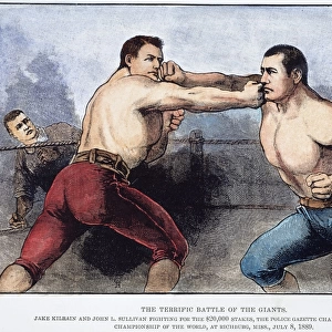 Jake Kilrain (left) and John L. Sullivan in the 75-round contest (8 July 1889) at Richburg, Mississippi, won by Sullivan in his last bare-knuckle fight: contemporary engraving from the Police Gazette