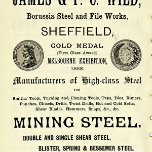 Advertisement for James and F. C. Wild. steel manufacturers, Borussia Steel and File Works, 1889