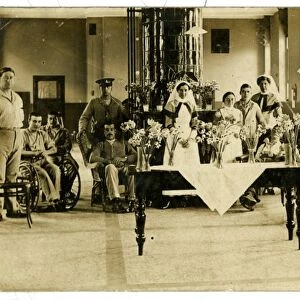 Wounded soldiers and staff in hospital ward (presumed to be The Sheffield Royal Hospital), 1916