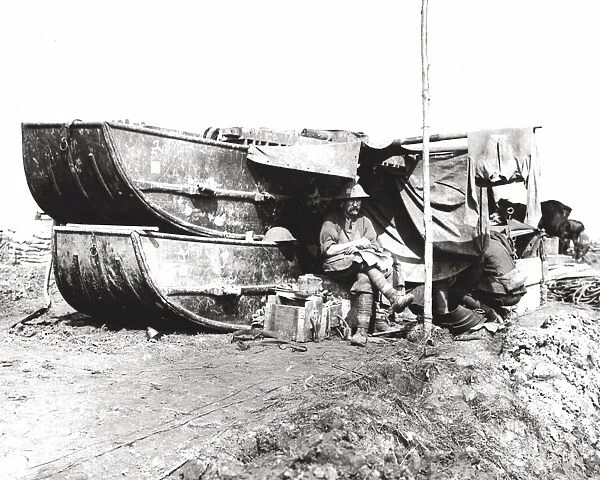 British soldiers sheltering under pontoons, WW1