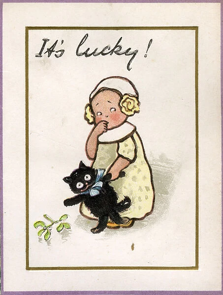 Christmas card, girl with black cat and mistletoe