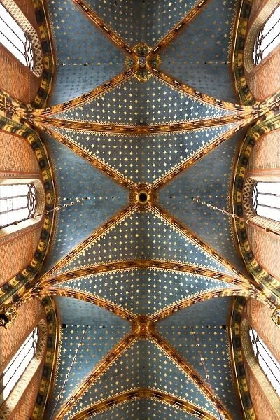 Poland, Cracow. The ornately decorated vaulted ceiling in the Church of St Mary