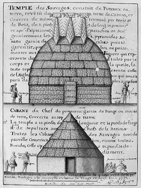ACOLAPISSA TEMPLE & CABIN. Temple (top) and chiefs cabin of the Acolapissa Native Americans in Louisiana. Line engraving and watercolor, 1732, by Alexandre de Batz