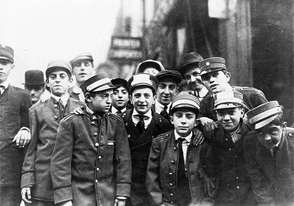 MESSENGER STRIKE, 1916. Striking messenger boys at 6th Avenue and 32nd Street in New York City