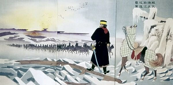 SINO-JAPANESE WAR, 1895. Japanese troops invade the North China peninsula. Woodblock print