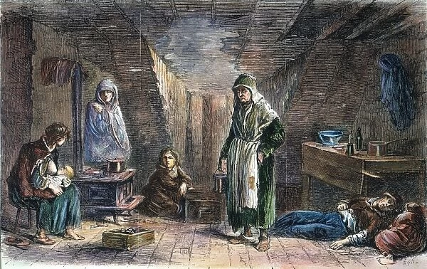 TENEMENT LIFE, NYC, 1867. Interior of Mrs. M Mahans tenement apartment at 22 Roosevelt Street, New York City. Engraving, 1867