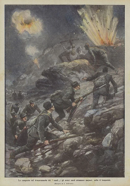 The conquest of the rocket entrenching, the heroic Sardinians advance on all fours, under the storm (Colour Litho)