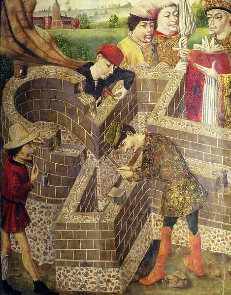 Construction of a church, detail from The Church of San Miguel (oil on panel)