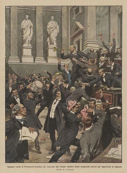 Czech deputies in the Austrian Parliament who resort to trumpets, drums, whistles, bells... (colour litho)
