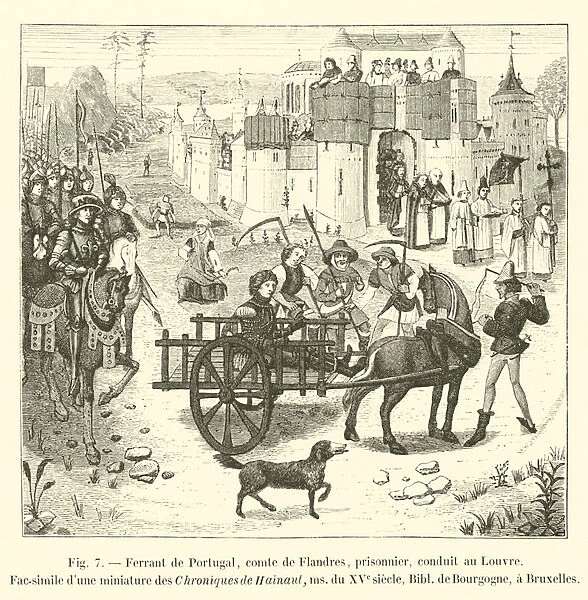 Ferrant de Portugal, comte de Flandres, prisonnier, conduit au Louvre, Fac-simile d une miniature des Chroniques de Hainaut, ms du XVe siecle, Bibl de Bourgogne, a Bruxelles (engraving)