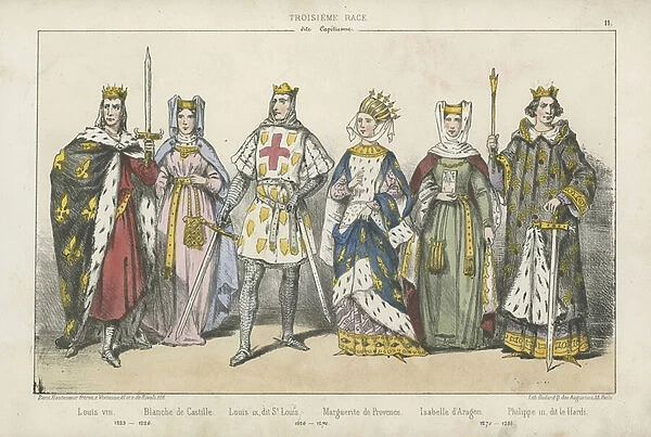French kings and queens of the 13th Century (coloured engraving)