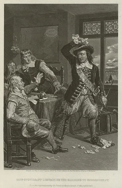 Governor Stuyvesant destroying the summons to surrender New York, 1664 (engraving)