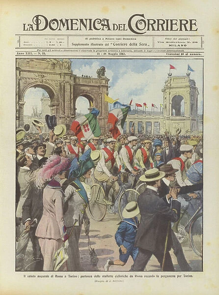 The greeting of Rome in Turin, departure of the cycling relay from Rome carrying the parchment for Turin (colour litho)