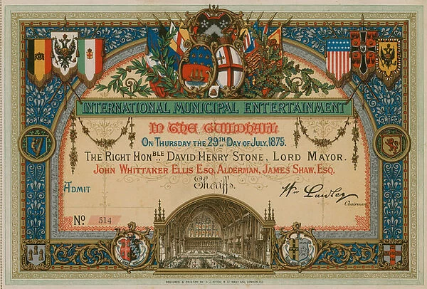 Invitation to International Municipal Entertainment at the Guildhall, London, on 29 July 1875 (chromolitho)