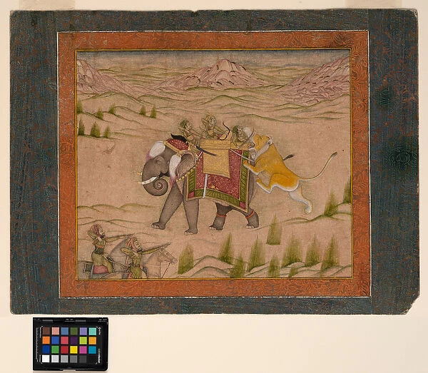 A lion attacks a hunting party atop an elephant, c. 1810 (opaque w  /  c and gold on paper)