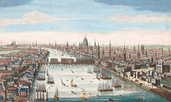 London in 18th century, View up the River Thames to London Bridge and St Paul