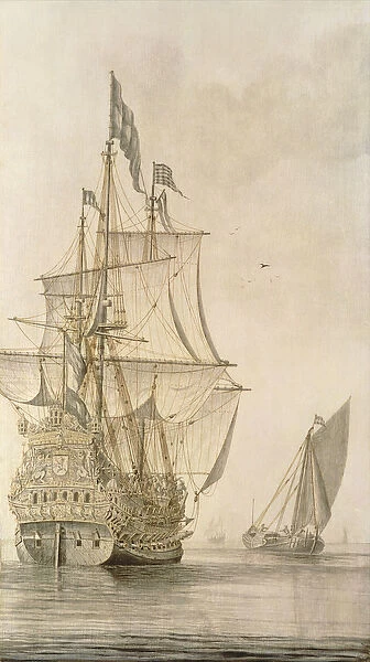 A Man-o -war under sail seen from the stern with a boeiler nearby