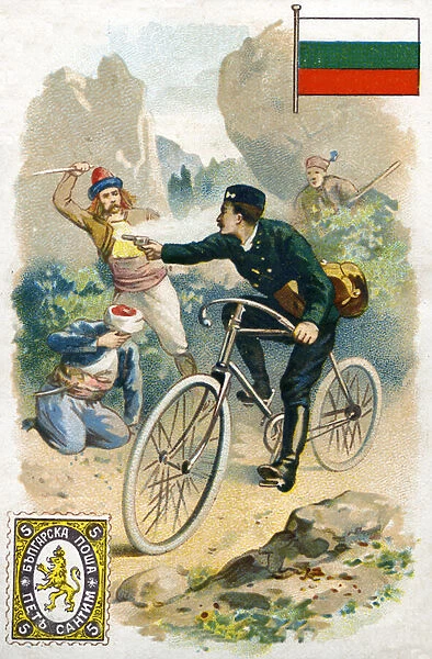 A Postman in Bulgaria fighting off robbers, late 19th century (colour litho)