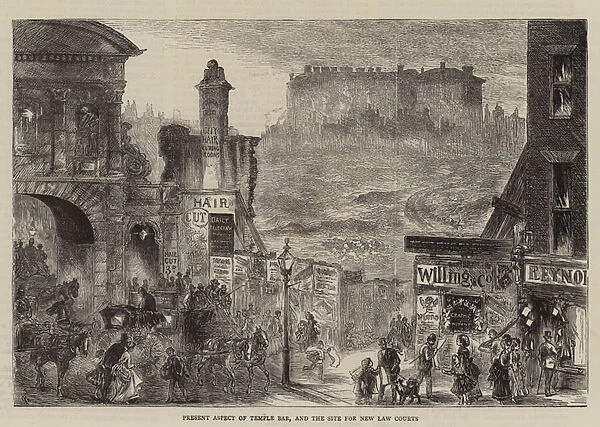 Present Aspect of Temple Bar, and the Site for New Law Courts (engraving)
