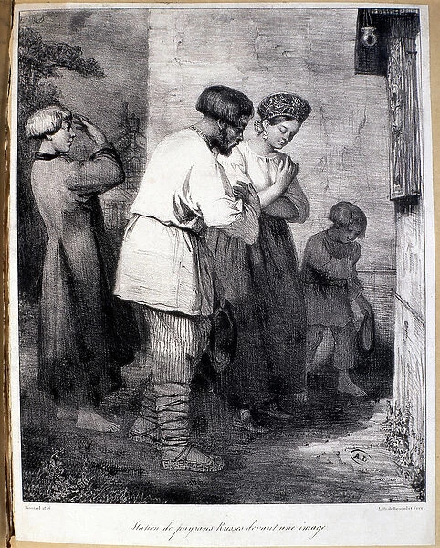 Russian peasants bowing in front of an icon - engraving, 1836