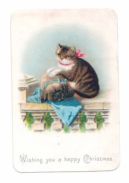 A Victorian Christmas card of a cat with its paws on a sleeping bulldog, c