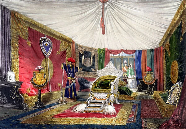 View of the tented room and ivory carved throne, in the India section of the Great