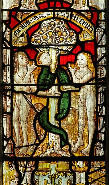 Window s1 depicting the Adam and Eve story: the Serpent beguiles (stained glass)