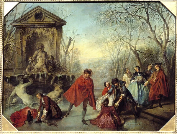 Winter Skating on a gele lake. Painting by Nicolas Lancret (1690-1743) 1738 Sun