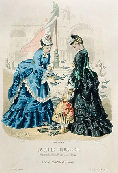 Women and a child feeding the pigeons, from La Mode Illustree