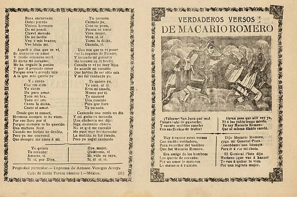 Broadside, verses, regarding, military leader, Macario Romero, shown, horseback riding