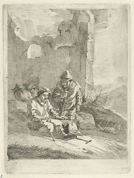 Four figures, two of which are suffering from leprosy, in ruins