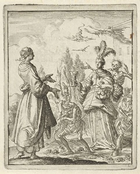 Woman pointing to richly dressed woman who is led on a string by Sin and is surrounded
