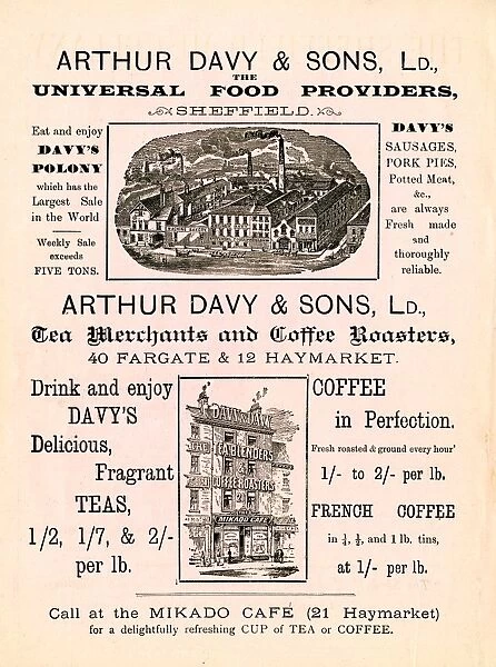 Advertisement for Arthur Davy and Sons Ltd. Universal Food Providers, 40 Fargate, 1897