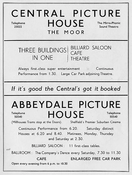 Advertisement for Central Picture House, The Moor and Abbeydale Picture House, Abbeydale Road, 1939
