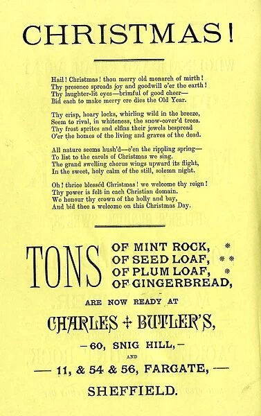 Advertisement for Charles Butlers christmas food - mint rock, seed loaf, plum loaf and gingerbread, 1886