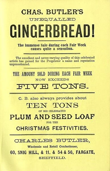 Advertisement for Charles Butlers unequalled gingerbread - the amount sold during each Christmas fair week now exceeds five tons, 1886