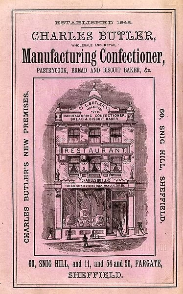 Advertisement for Charles Butlers wholeslae and retail manufacturing confectioner, pastrycook, bread and biscuit baker, etc, 1886