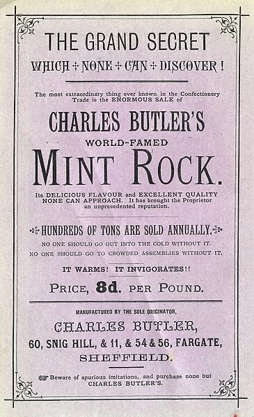 Advertisement for Charles Butlers world famed mint rock - It warms! It invigorates!!, 1886