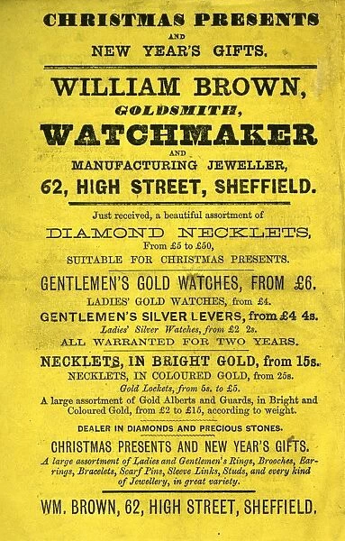 Advertisement for Christmas presents and new years gifts - William Brown, Goldsmith, Watchmaker, and Manufacturing Jeweller, 62 High Street, Sheffield, 1866