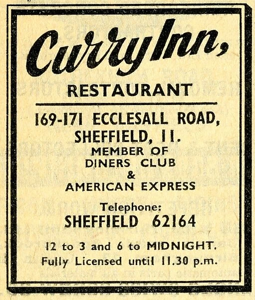 Advertisement for the Curry Inn Restaurant, 169-171 Ecclesall Road, Sheffield, 1968