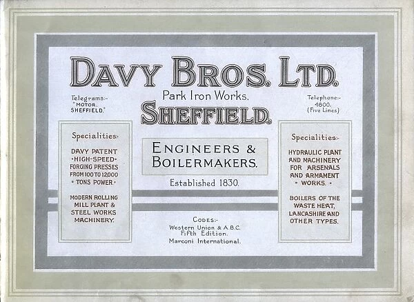 Advertisement for Davy Bros Ltd, Engineers and Boilermakers, Park Iron Works, Sheffield, c. 1900