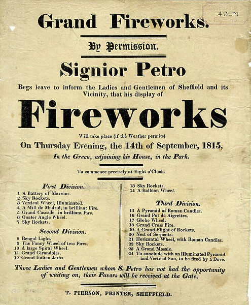 advertisement for a display of Grand Fireworks by Signior Petro in the Green ajoining his house in the Park, 1815