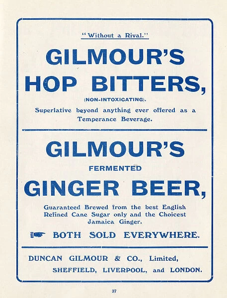 Advertisement for Gilmours Hop Bitters (temperance beverage) and ginger beer, Sheffield, Yorkshire, 1907