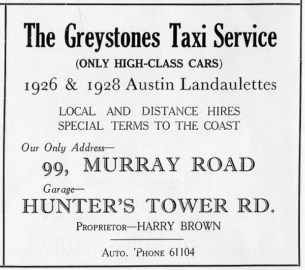Advertisement for The Greystones Taxi Service, 99 Murray Road