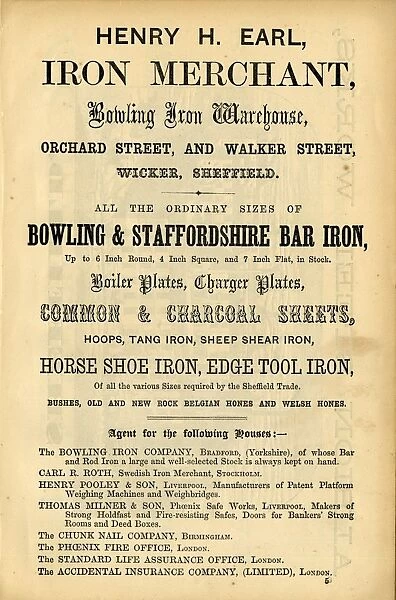 Advertisement for Henry H Earl, Iron Merchant, Bowling Iron Warehouse, Orchard Street and Walker Street, Wicker, 1868