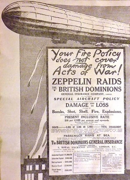 Advertisement for insurance against air raid  /  Zeppelin attacks, 1915