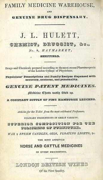 Advertisement for J. L. Hulett, Chemist, Druggist, etc. 8 Haymarket, 1837