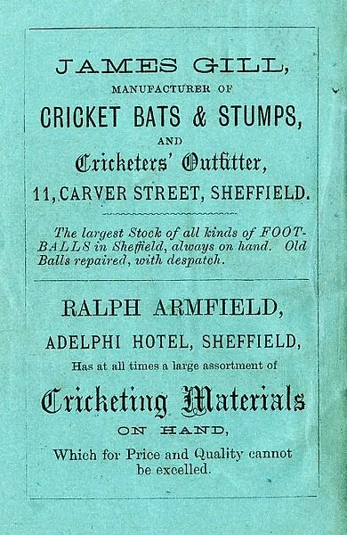 Advertisement for James Gill, manufacturer of crickets bats and stumps, etc; also cricketing materials at the Adelphi Hotel, 1871